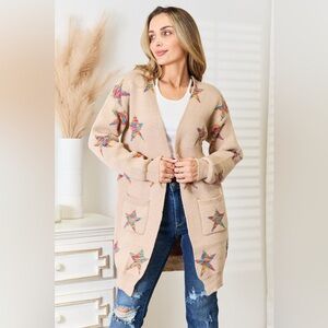 Angel Wings Star Pattern Open Front Longline Cardigan